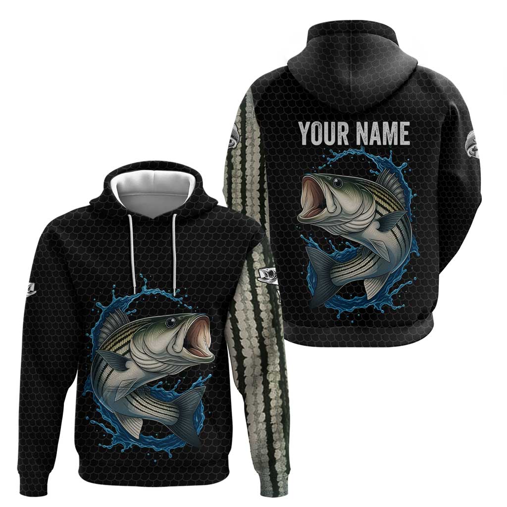 Striped Bass Jumping Hoodie Blue Splash Graphic and Custom Name Design - Wonder Print Shop