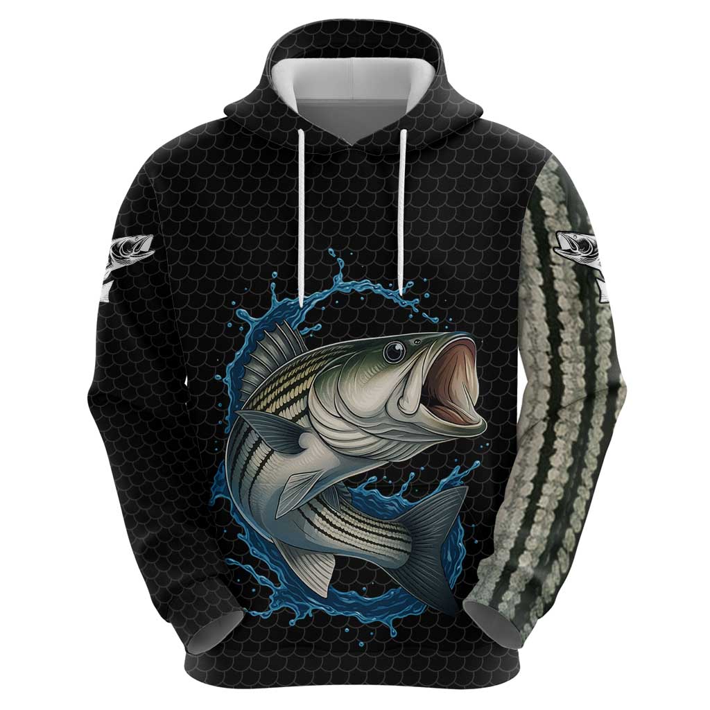 Striped Bass Jumping Hoodie Blue Splash Graphic and Custom Name Design - Wonder Print Shop