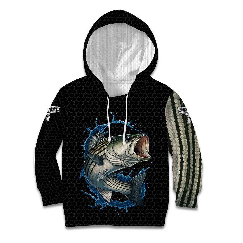 Striped Bass Jumping Kid Hoodie Blue Splash Graphic and Custom Name Design - Wonder Print Shop