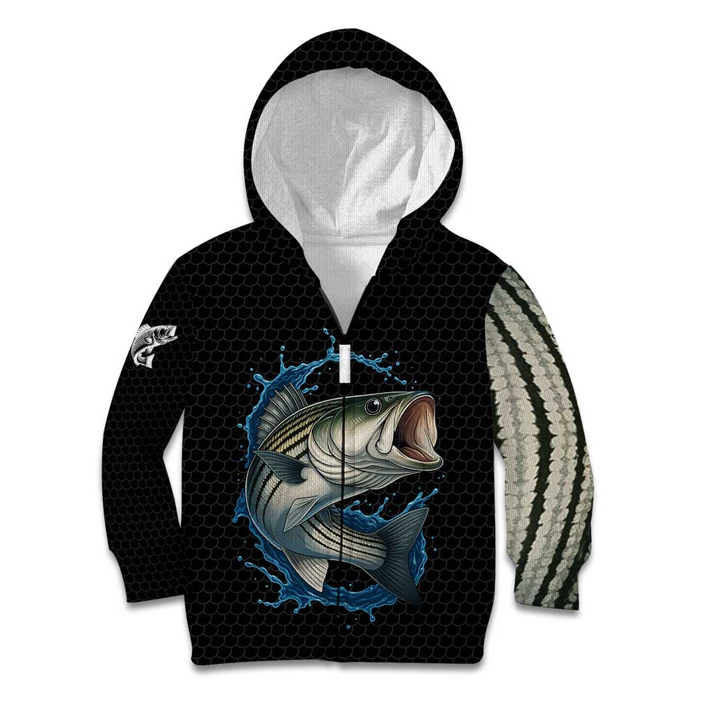 Striped Bass Jumping Kid Hoodie Blue Splash Graphic and Custom Name Design - Wonder Print Shop
