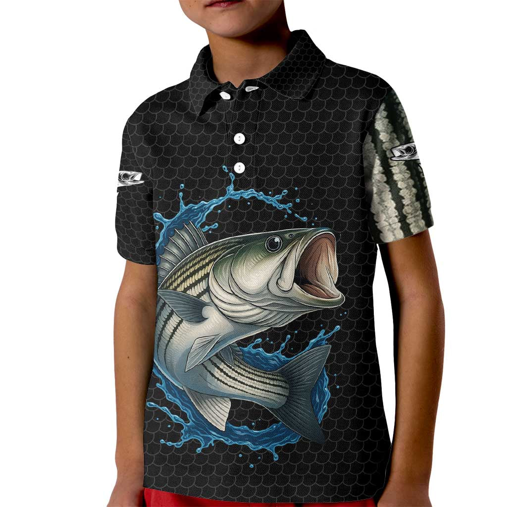 Striped Bass Jumping Kid Polo Shirt Blue Splash Graphic and Custom Name Design - Wonder Print Shop