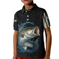 Striped Bass Jumping Kid Polo Shirt Blue Splash Graphic and Custom Name Design - Wonder Print Shop
