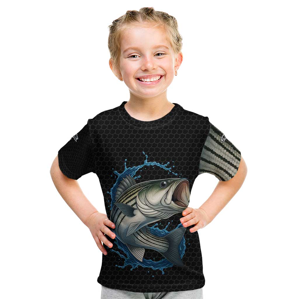 Striped Bass Jumping Kid T Shirt Blue Splash Graphic and Custom Name Design - Wonder Print Shop
