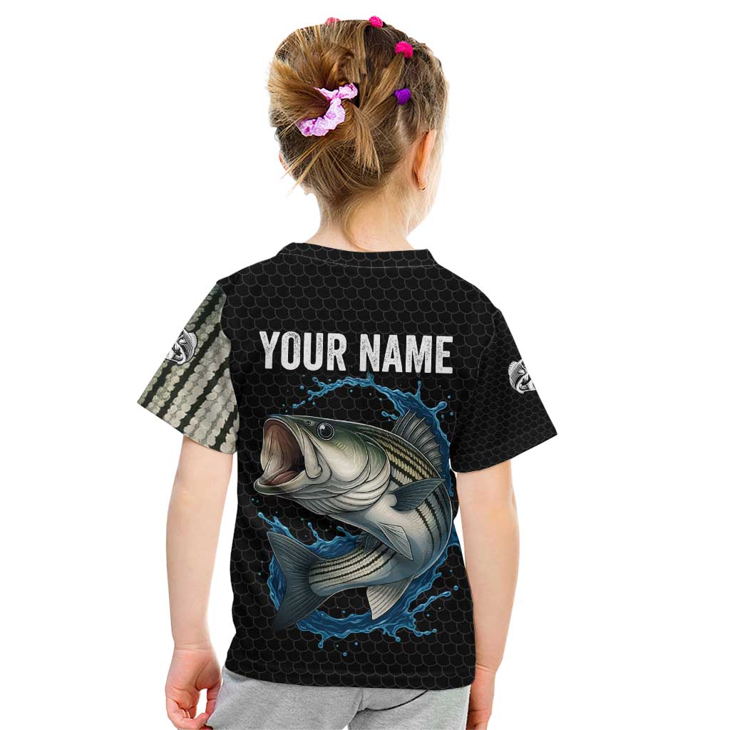 Striped Bass Jumping Kid T Shirt Blue Splash Graphic and Custom Name Design - Wonder Print Shop