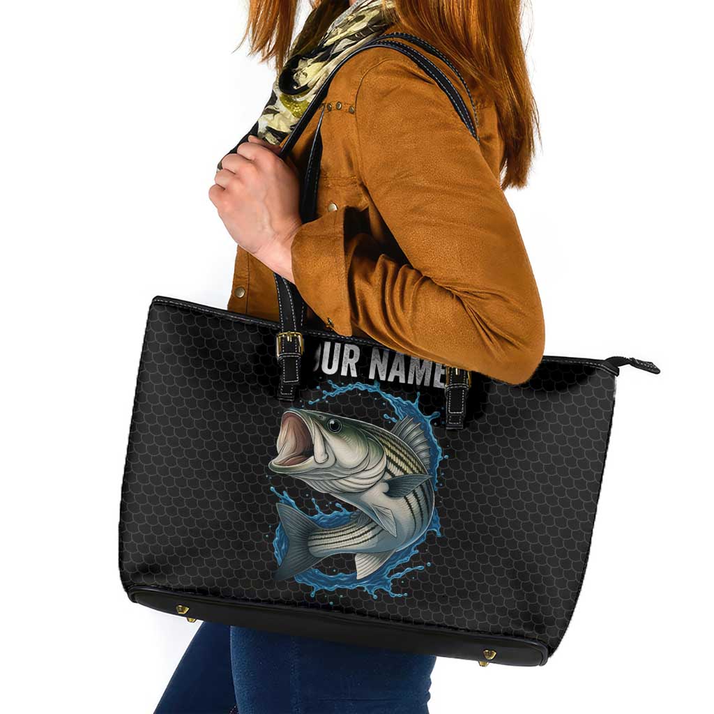 Striped Bass Jumping Leather Tote Bag Blue Splash Graphic and Custom Name Design - Wonder Print Shop