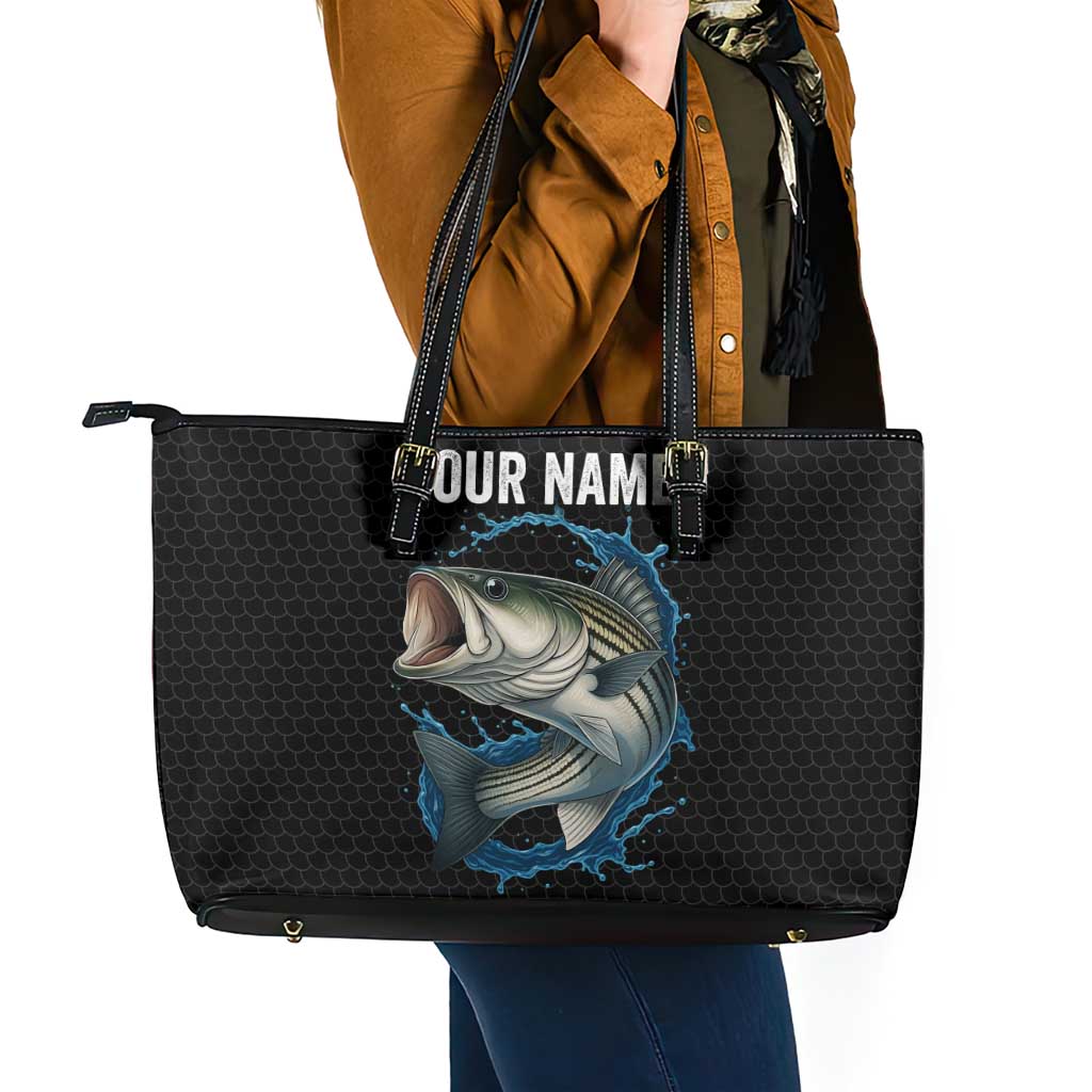 Striped Bass Jumping Leather Tote Bag Blue Splash Graphic and Custom Name Design - Wonder Print Shop