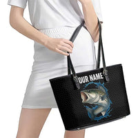 Striped Bass Jumping Leather Tote Bag Blue Splash Graphic and Custom Name Design - Wonder Print Shop