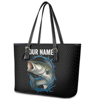Striped Bass Jumping Leather Tote Bag Blue Splash Graphic and Custom Name Design - Wonder Print Shop