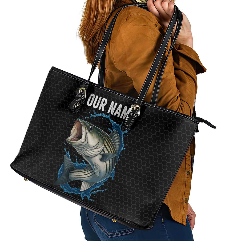 Striped Bass Jumping Leather Tote Bag Blue Splash Graphic and Custom Name Design - Wonder Print Shop