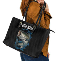Striped Bass Jumping Leather Tote Bag Blue Splash Graphic and Custom Name Design - Wonder Print Shop