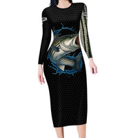 Striped Bass Jumping Long Sleeve Bodycon Dress Blue Splash Graphic and Custom Name Design - Wonder Print Shop