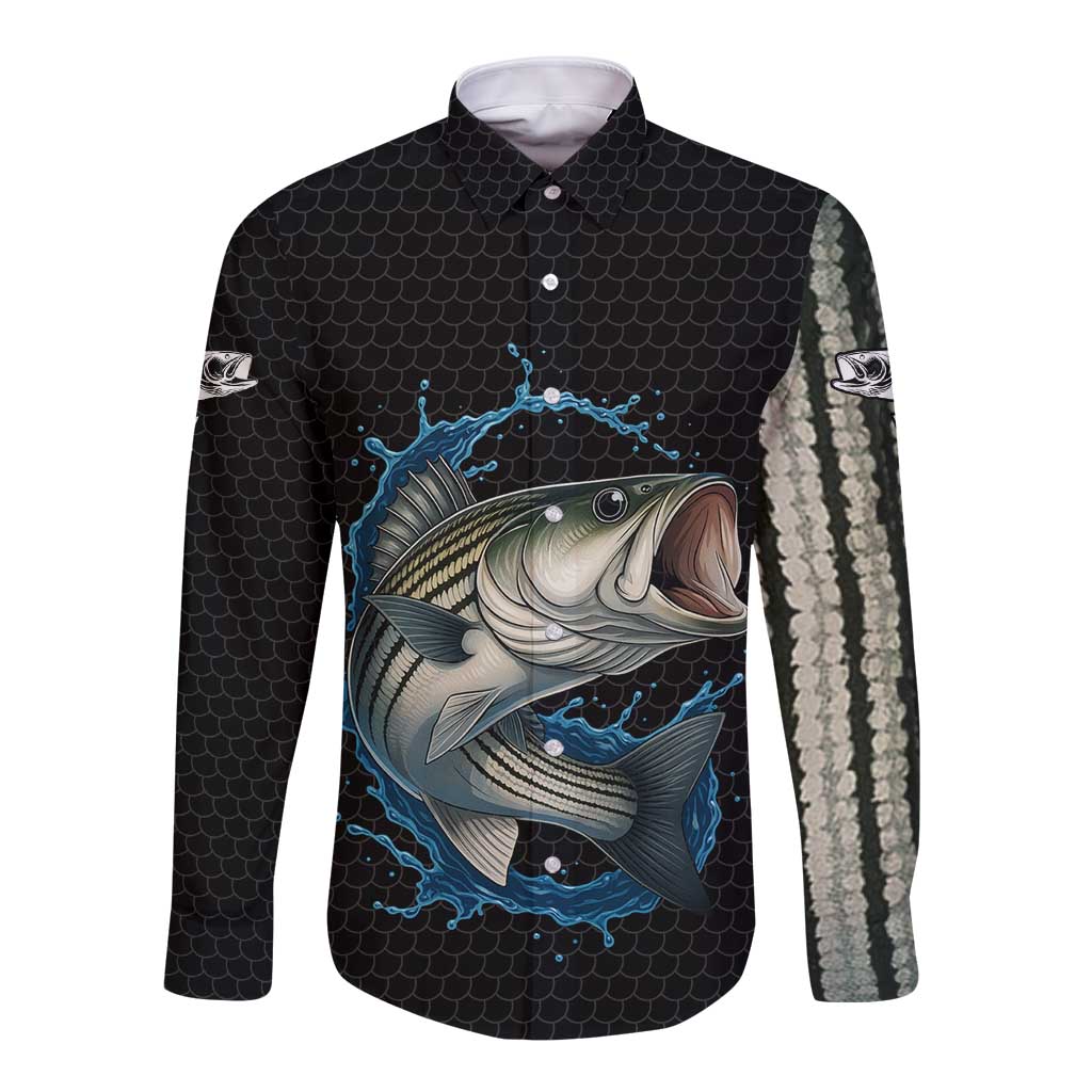 Striped Bass Jumping Long Sleeve Button Shirt Blue Splash Graphic and Custom Name Design - Wonder Print Shop