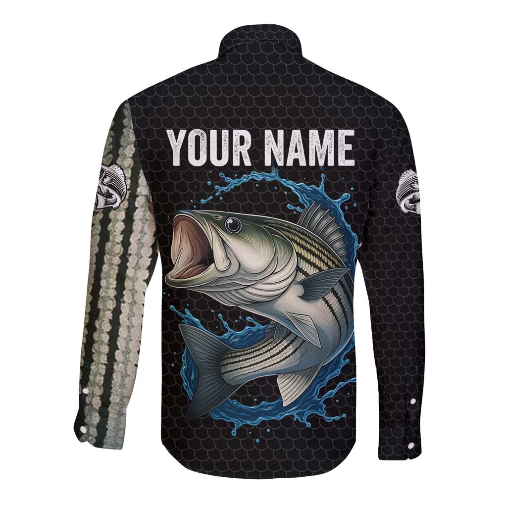 Striped Bass Jumping Long Sleeve Button Shirt Blue Splash Graphic and Custom Name Design - Wonder Print Shop