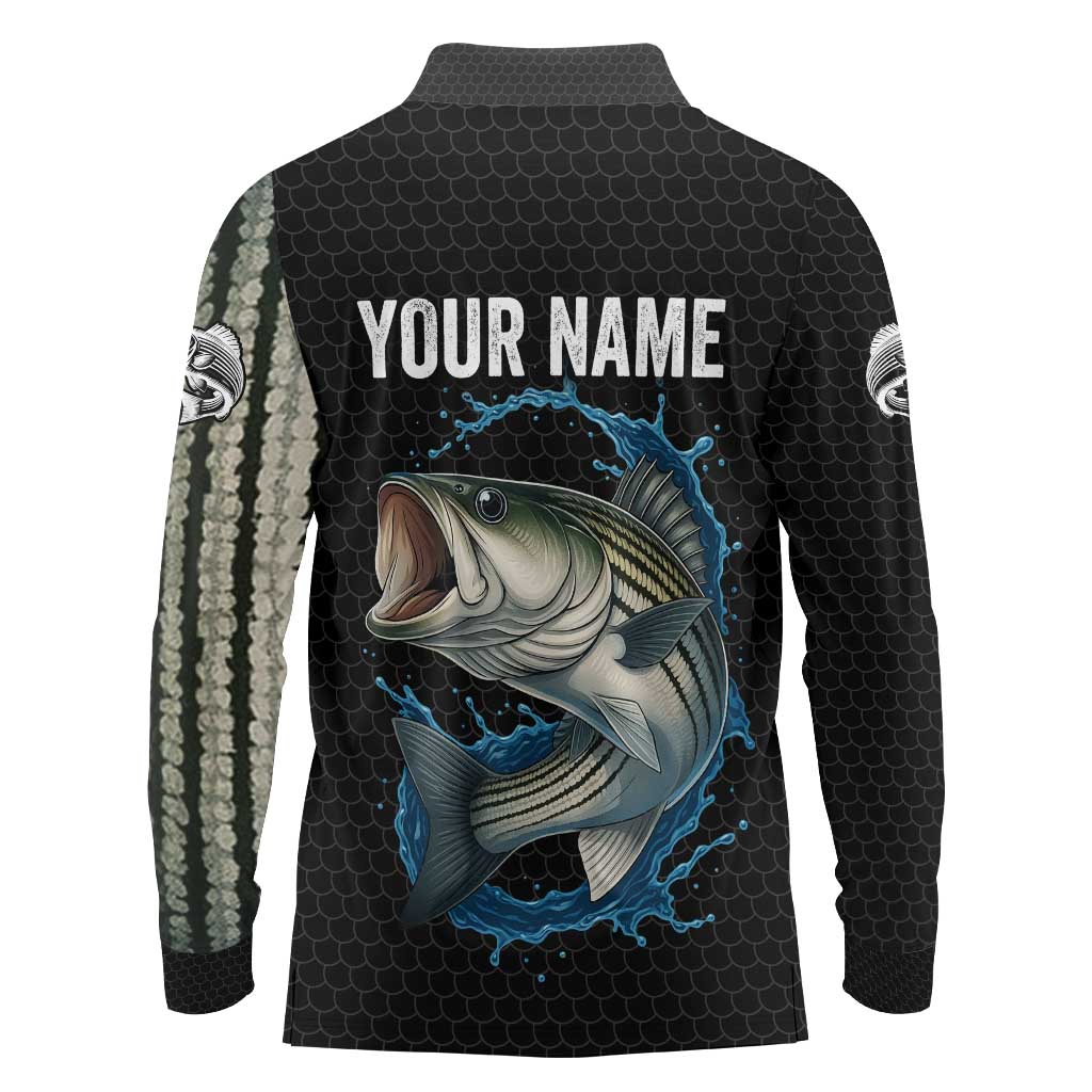 Striped Bass Jumping Long Sleeve Polo Shirt Blue Splash Graphic and Custom Name Design - Wonder Print Shop