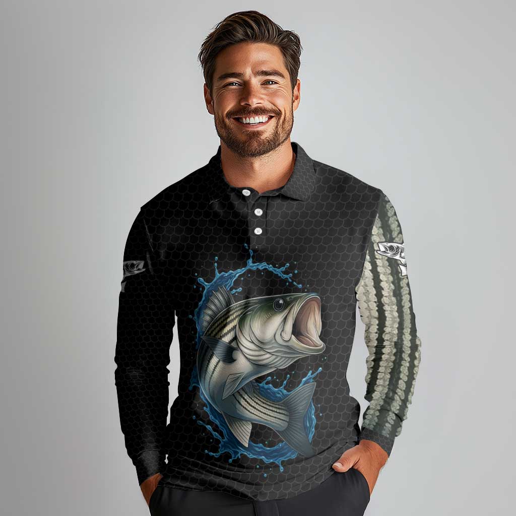 Striped Bass Jumping Long Sleeve Polo Shirt Blue Splash Graphic and Custom Name Design - Wonder Print Shop