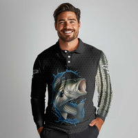 Striped Bass Jumping Long Sleeve Polo Shirt Blue Splash Graphic and Custom Name Design - Wonder Print Shop
