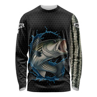 Striped Bass Jumping Long Sleeve Shirt Blue Splash Graphic and Custom Name Design - Wonder Print Shop