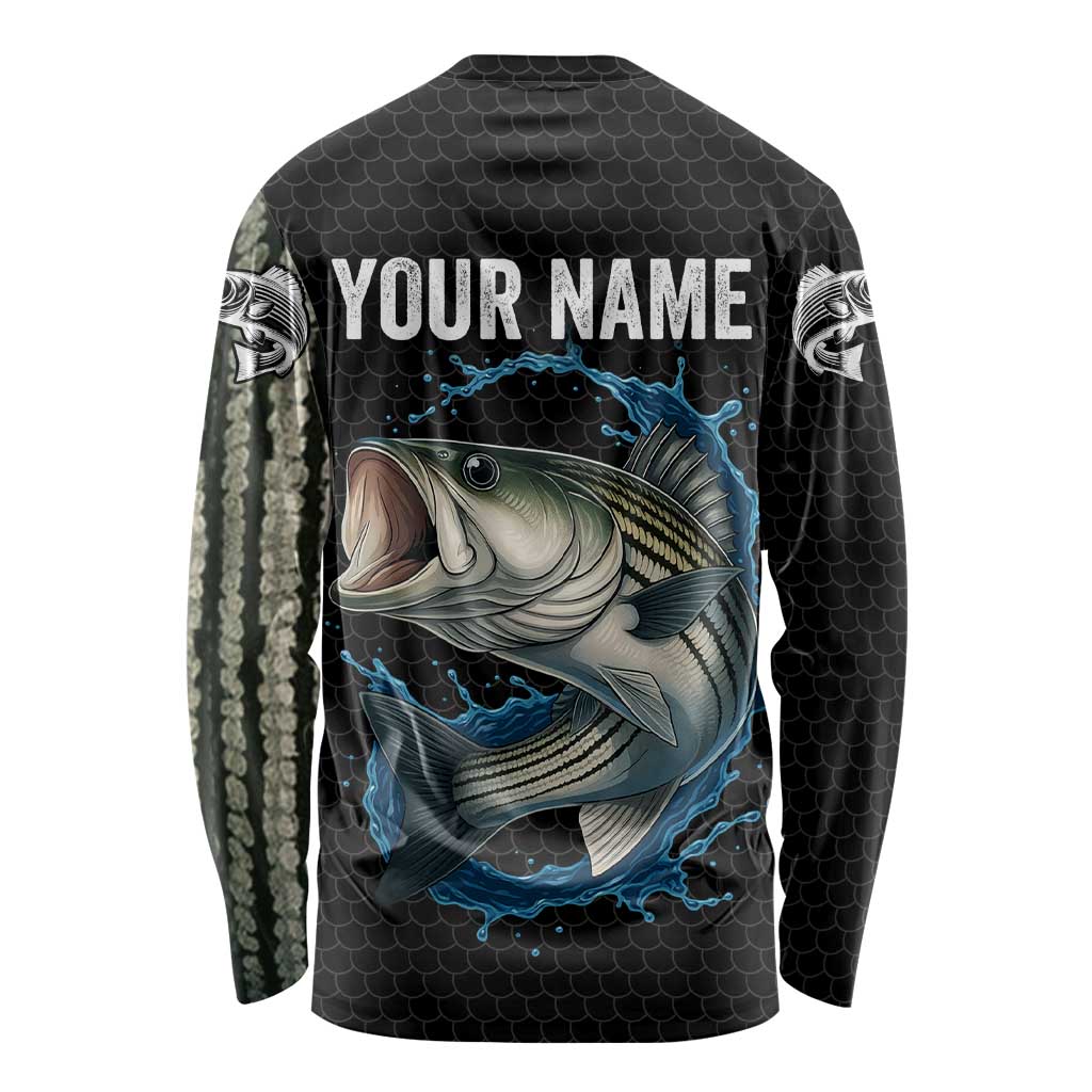 Striped Bass Jumping Long Sleeve Shirt Blue Splash Graphic and Custom Name Design - Wonder Print Shop