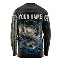 Striped Bass Jumping Long Sleeve Shirt Blue Splash Graphic and Custom Name Design - Wonder Print Shop