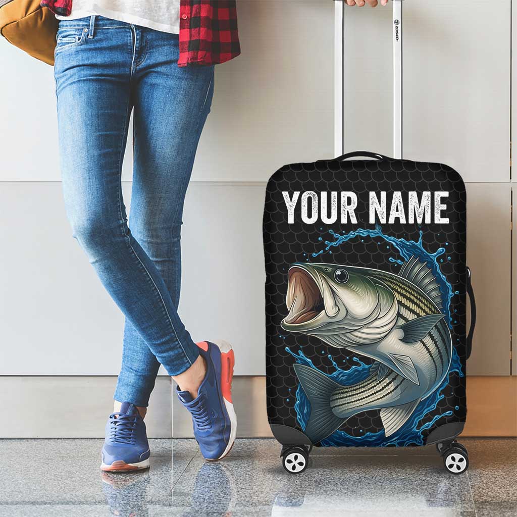 Striped Bass Jumping Luggage Cover Blue Splash Graphic and Custom Name Design - Wonder Print Shop