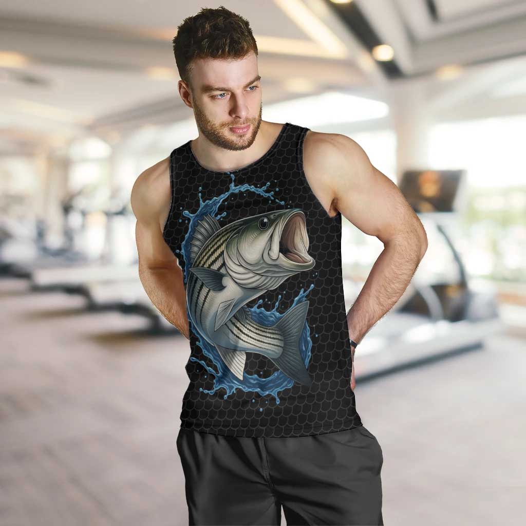 Striped Bass Jumping Men Tank Top Blue Splash Graphic and Custom Name Design - Wonder Print Shop