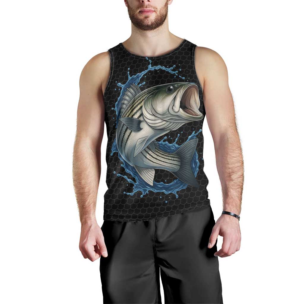 Striped Bass Jumping Men Tank Top Blue Splash Graphic and Custom Name Design - Wonder Print Shop