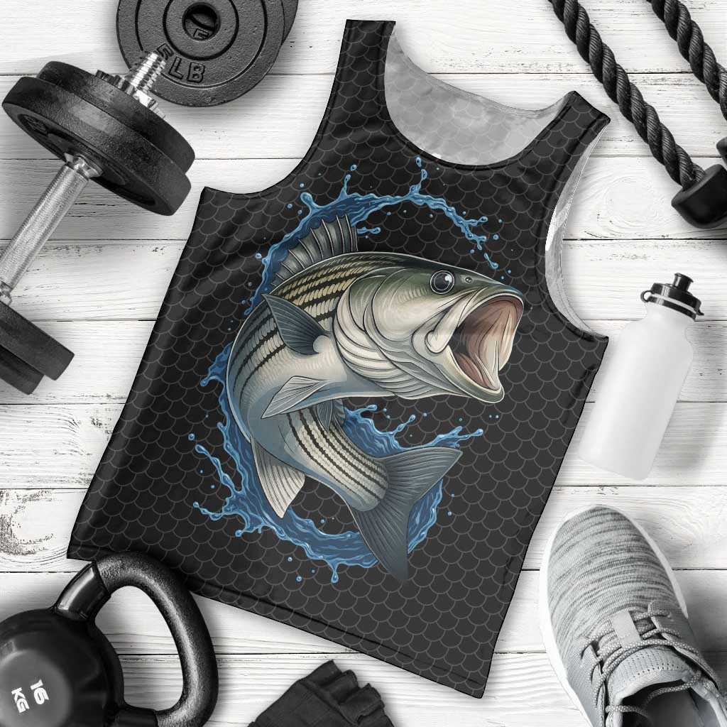 Striped Bass Jumping Men Tank Top Blue Splash Graphic and Custom Name Design - Wonder Print Shop
