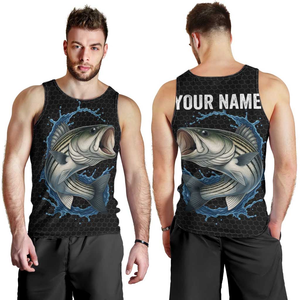 Striped Bass Jumping Men Tank Top Blue Splash Graphic and Custom Name Design - Wonder Print Shop