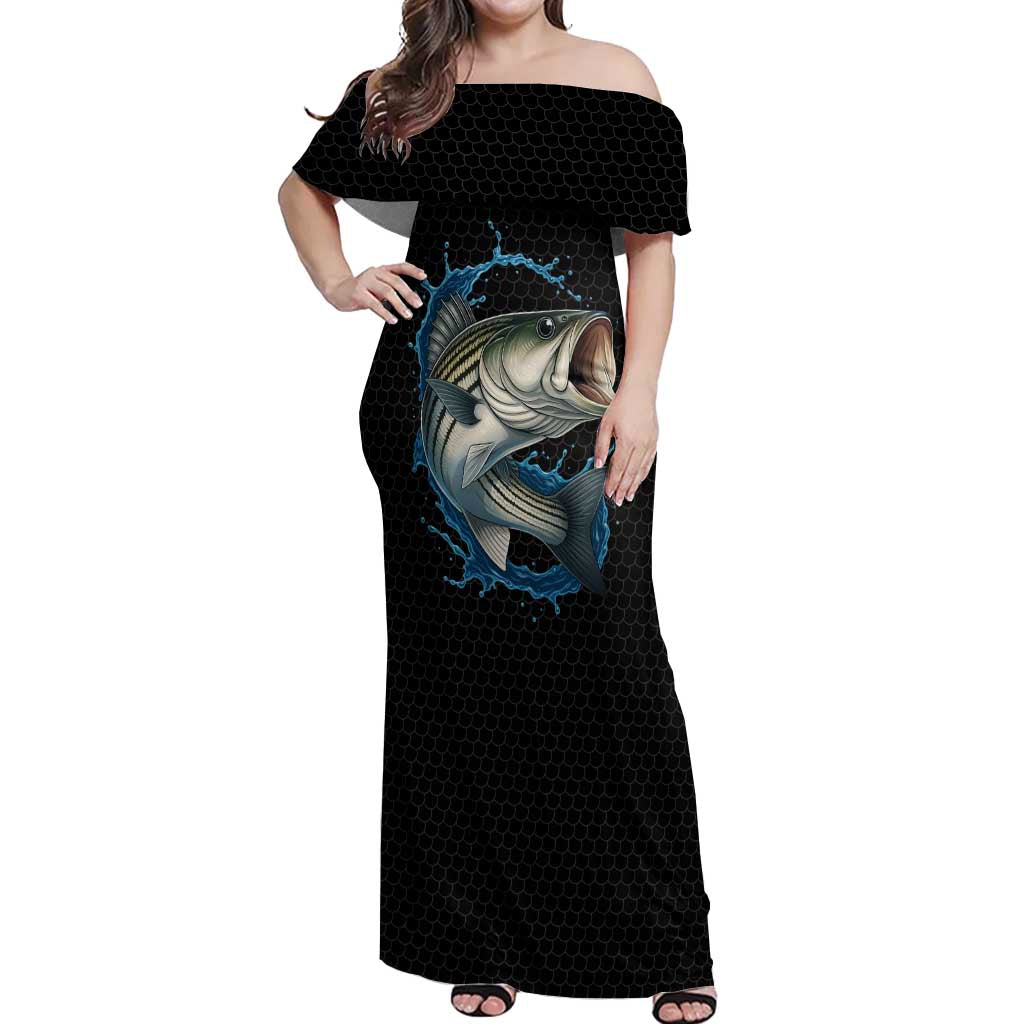 Striped Bass Jumping Off Shoulder Maxi Dress Blue Splash Graphic and Custom Name Design - Wonder Print Shop