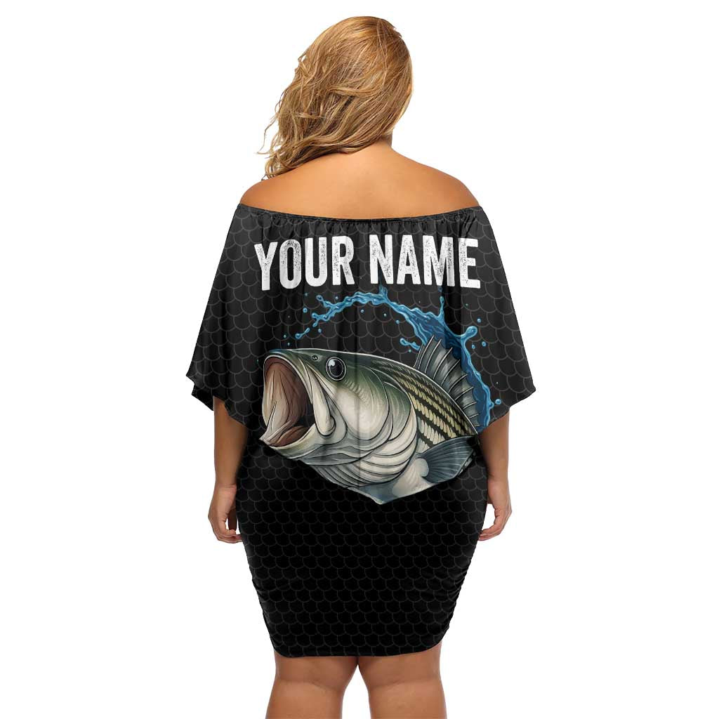 Striped Bass Jumping Off Shoulder Short Dress Blue Splash Graphic and Custom Name Design - Wonder Print Shop