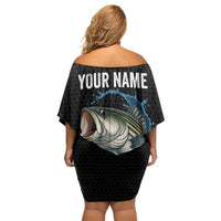 Striped Bass Jumping Off Shoulder Short Dress Blue Splash Graphic and Custom Name Design - Wonder Print Shop