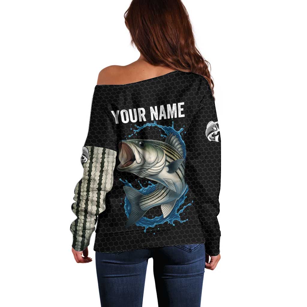 Striped Bass Jumping Off Shoulder Sweater Blue Splash Graphic and Custom Name Design - Wonder Print Shop