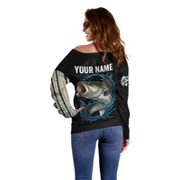 Striped Bass Jumping Off Shoulder Sweater Blue Splash Graphic and Custom Name Design - Wonder Print Shop