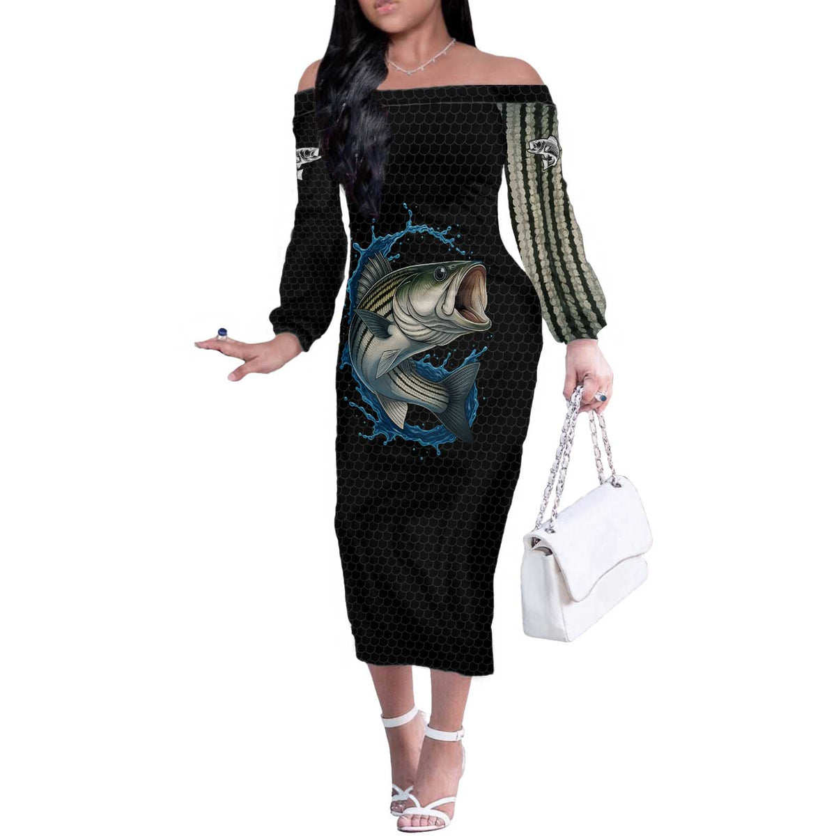 Striped Bass Jumping Off The Shoulder Long Sleeve Dress Blue Splash Graphic and Custom Name Design - Wonder Print Shop