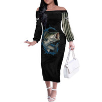 Striped Bass Jumping Off The Shoulder Long Sleeve Dress Blue Splash Graphic and Custom Name Design - Wonder Print Shop