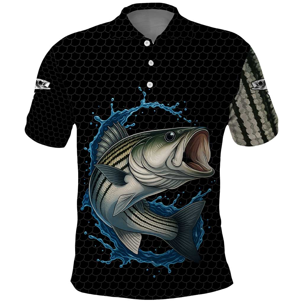 Striped Bass Jumping Polo Shirt Blue Splash Graphic and Custom Name Design - Wonder Print Shop