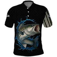 Striped Bass Jumping Polo Shirt Blue Splash Graphic and Custom Name Design - Wonder Print Shop