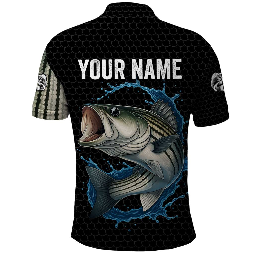 Striped Bass Jumping Polo Shirt Blue Splash Graphic and Custom Name Design - Wonder Print Shop