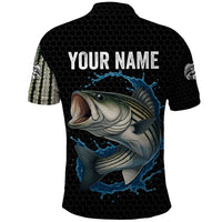Striped Bass Jumping Polo Shirt Blue Splash Graphic and Custom Name Design - Wonder Print Shop