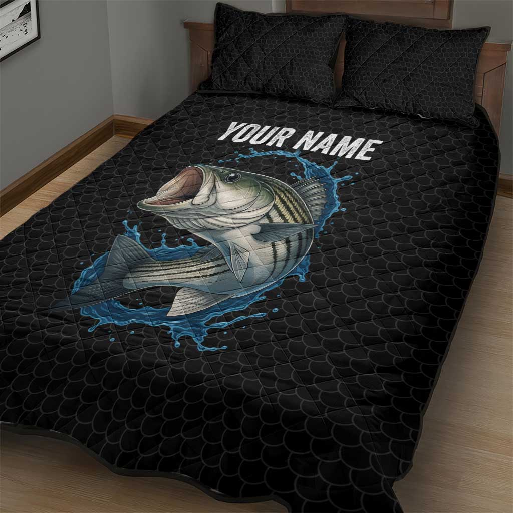 Striped Bass Jumping Quilt Bed Set Blue Splash Graphic and Custom Name Design - Wonder Print Shop