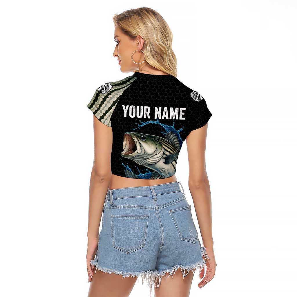 Striped Bass Jumping Raglan Cropped T Shirt Blue Splash Graphic and Custom Name Design - Wonder Print Shop