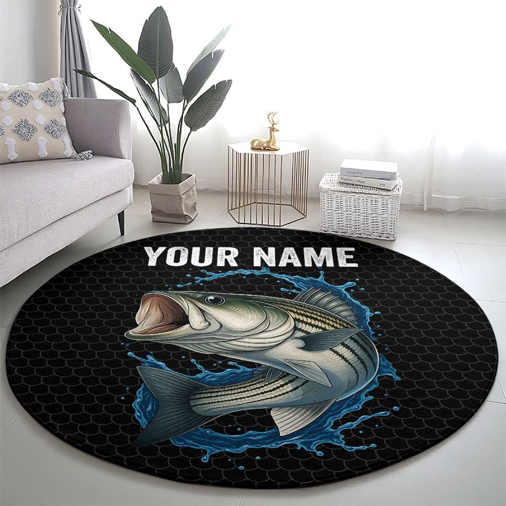 Striped Bass Jumping Round Carpet Blue Splash Graphic and Custom Name Design - Wonder Print Shop