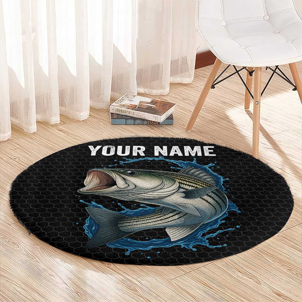 Striped Bass Jumping Round Carpet Blue Splash Graphic and Custom Name Design - Wonder Print Shop