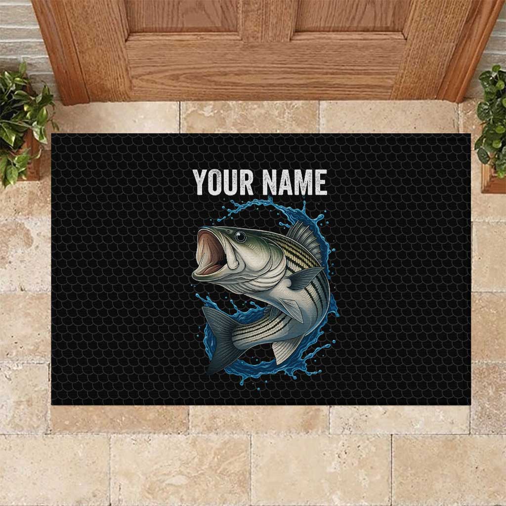 Striped Bass Jumping Rubber Doormat Blue Splash Graphic and Custom Name Design - Wonder Print Shop