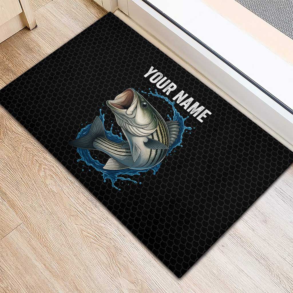 Striped Bass Jumping Rubber Doormat Blue Splash Graphic and Custom Name Design - Wonder Print Shop