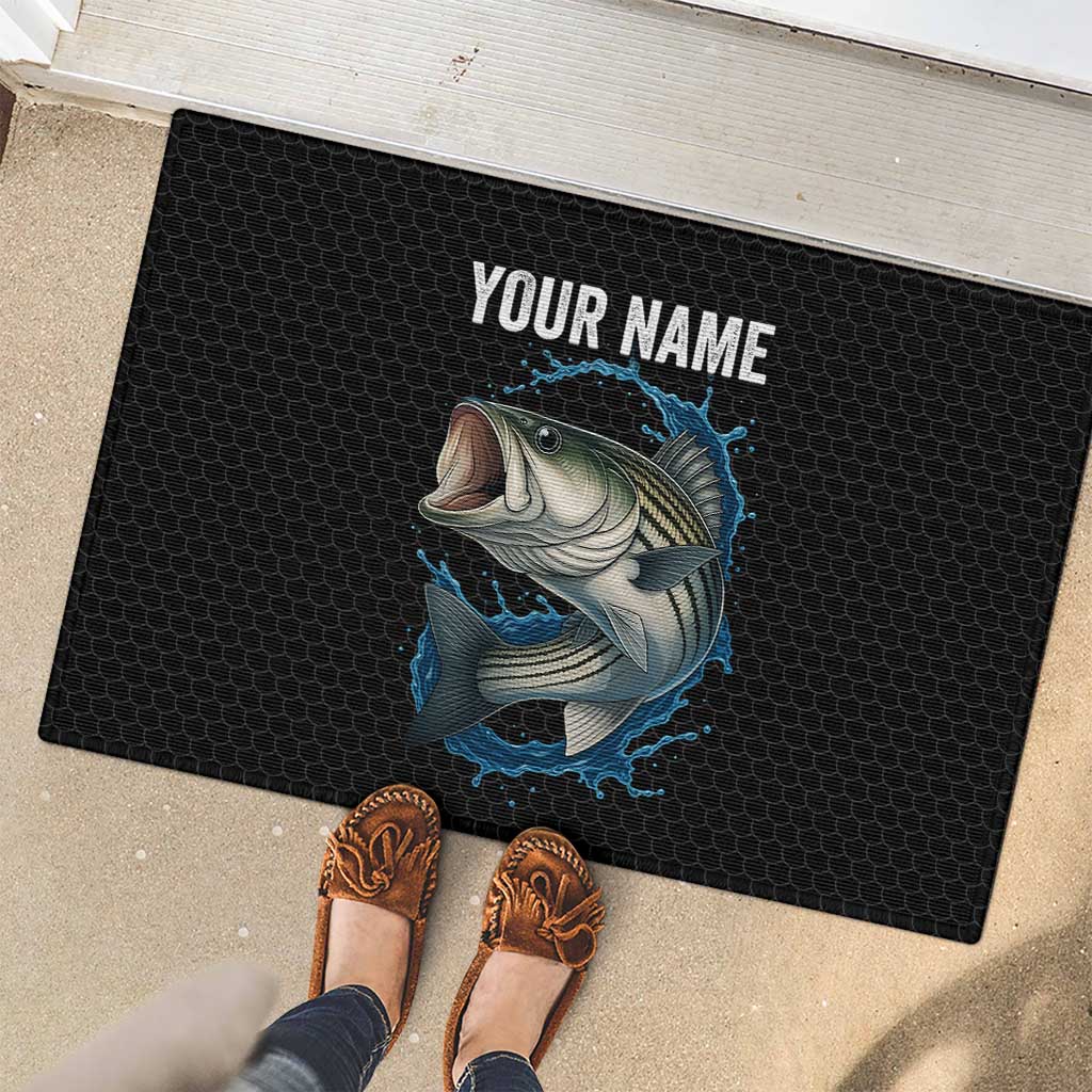 Striped Bass Jumping Rubber Doormat Blue Splash Graphic and Custom Name Design - Wonder Print Shop