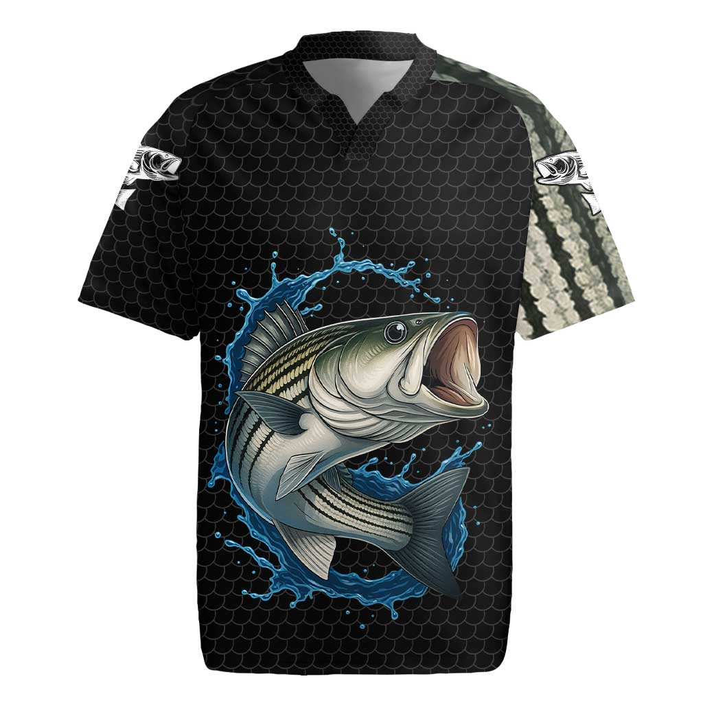 Striped Bass Jumping Rugby Jersey Blue Splash Graphic and Custom Name Design - Wonder Print Shop