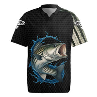 Striped Bass Jumping Rugby Jersey Blue Splash Graphic and Custom Name Design - Wonder Print Shop