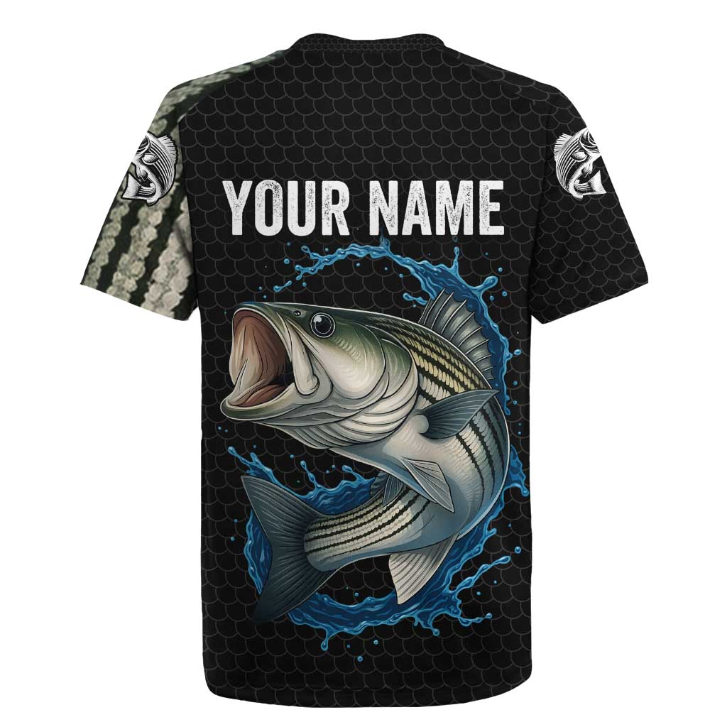 Striped Bass Jumping Rugby Jersey Blue Splash Graphic and Custom Name Design - Wonder Print Shop