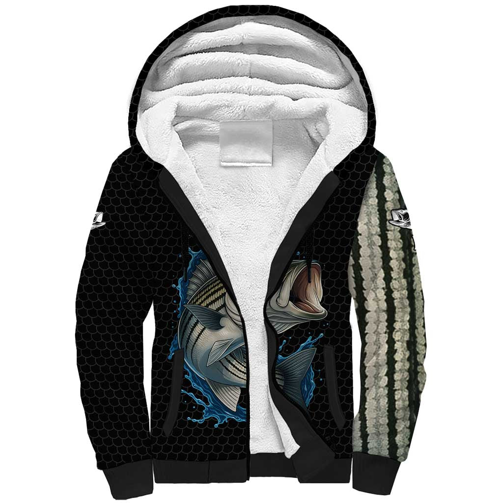 Striped Bass Jumping Sherpa Hoodie Blue Splash Graphic and Custom Name Design - Wonder Print Shop